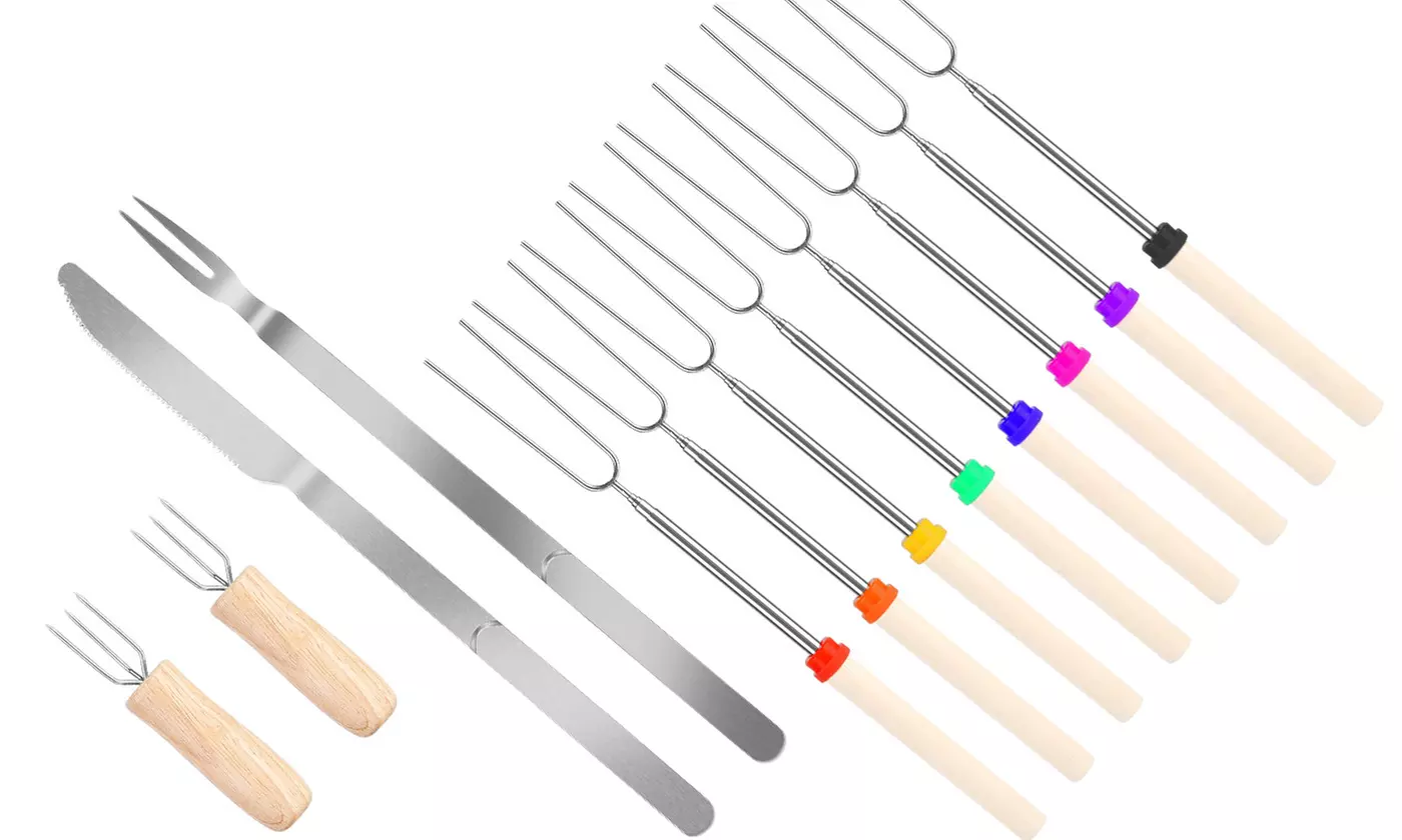 LakeForest 32" Stainless Steel Extendable Telescoping Fork Skewer Sticks Set - Primary Image