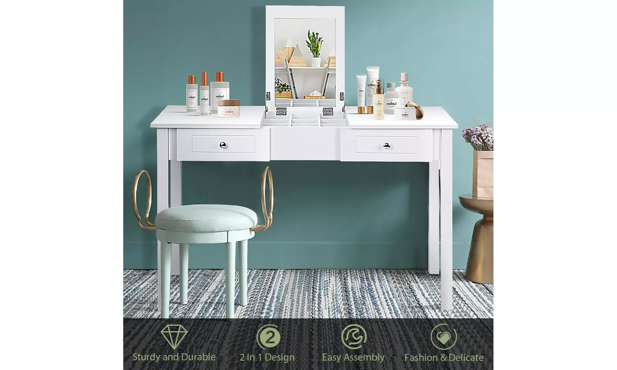 Make up Vanity Dressing Table Set-White,Wood Furniture,with Mirror and Drawers - Primary Image