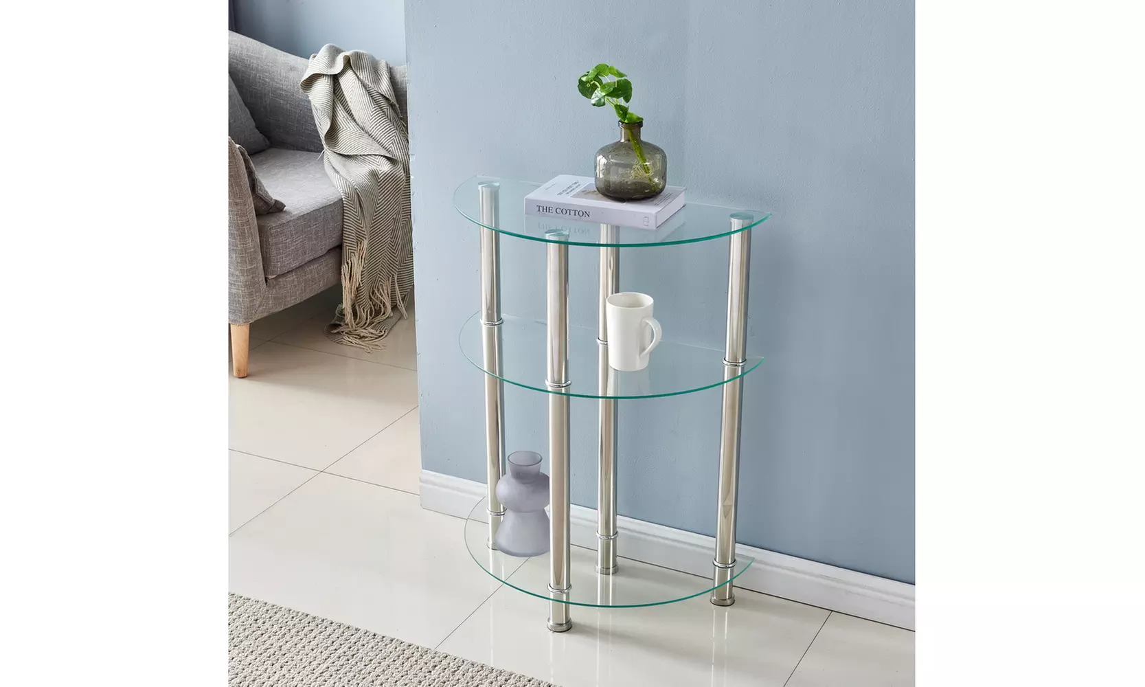 3-layers Tempered Glass End Table Stainless Steel Tube Semicircular Side Table - Primary Image