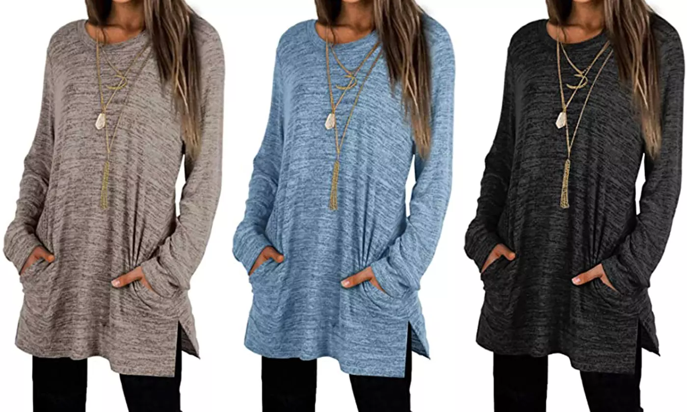 Women Long Sleeve Shirts Casual Oversized Sweatshirts With Pockets Tunic Tops - Primary Image