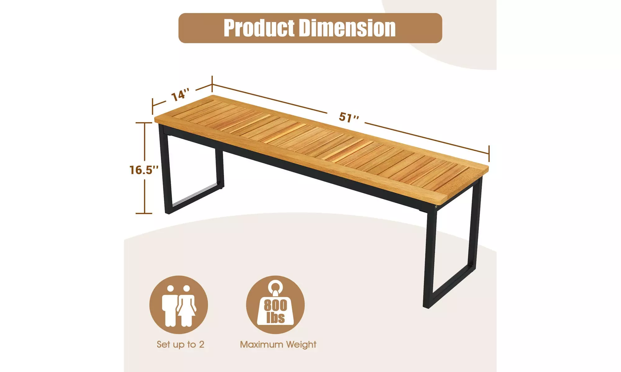 Costway 51" Wooden Outdoor Bench Patio Dining Bench with Acacia Wood Seat