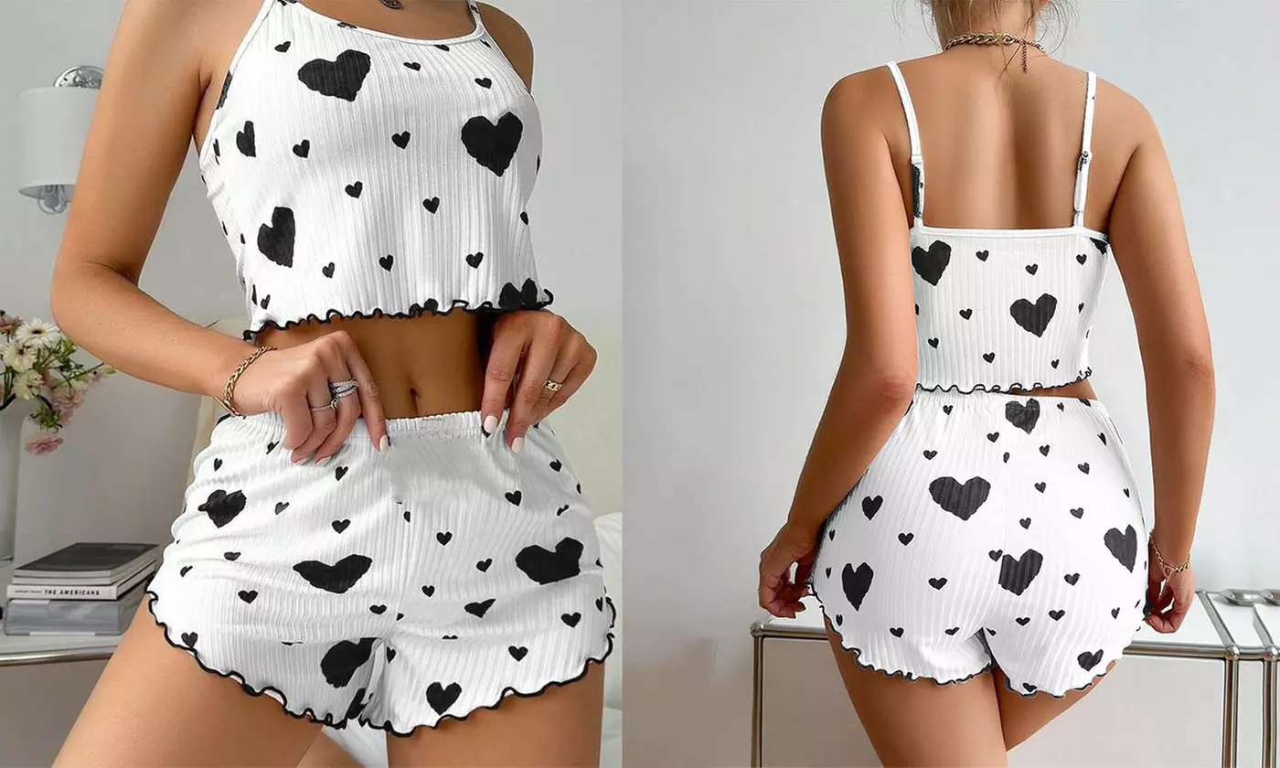 Women Cute Heart Printed Cami Top and Shorts Pajama Sets