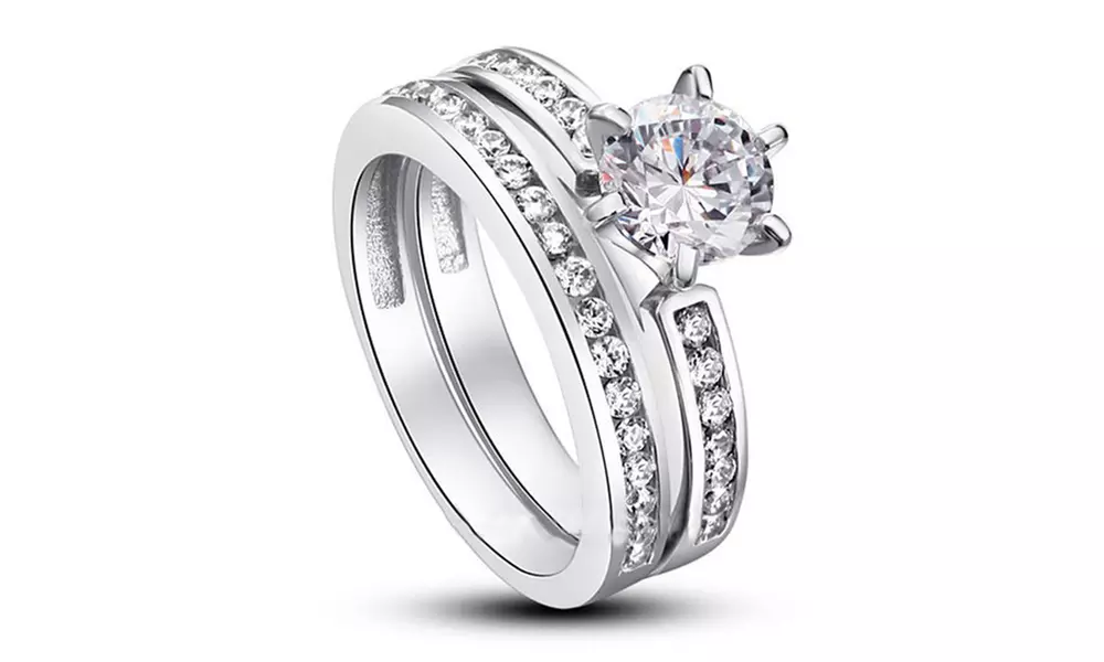 18K White Gold Plated Luxe Round Cut 2 Piece Ring Set - Primary Image