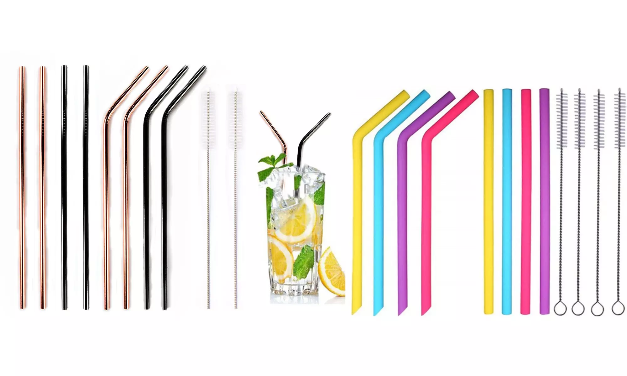 Stainless Steel or Silicone Straws w/ Brush (4 or 8-pack) - Primary Image