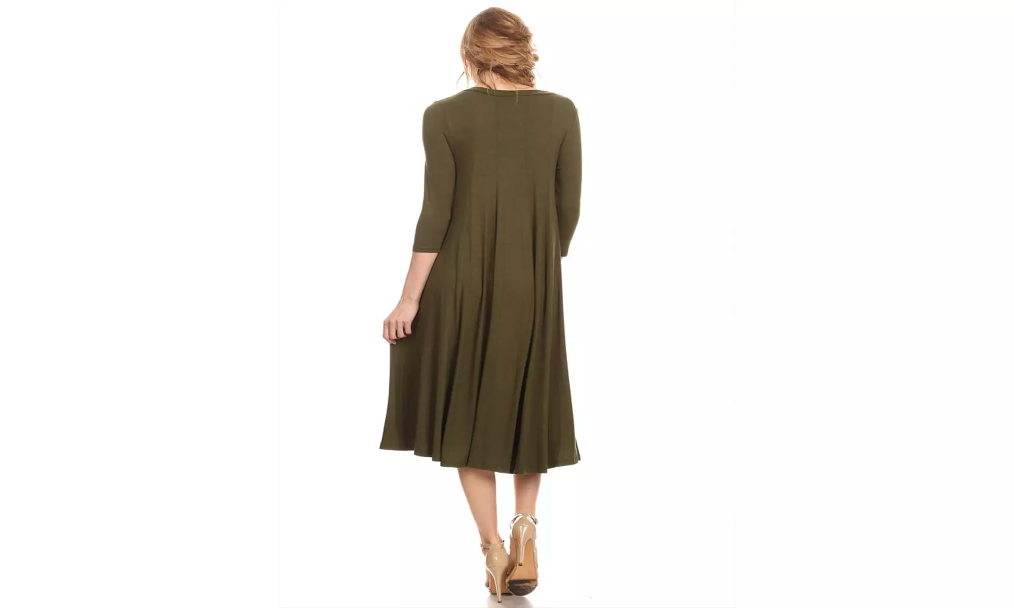 Women's Solid Casual Comfy 3/4 Sleeve Loose Fit A-line Midi Dress