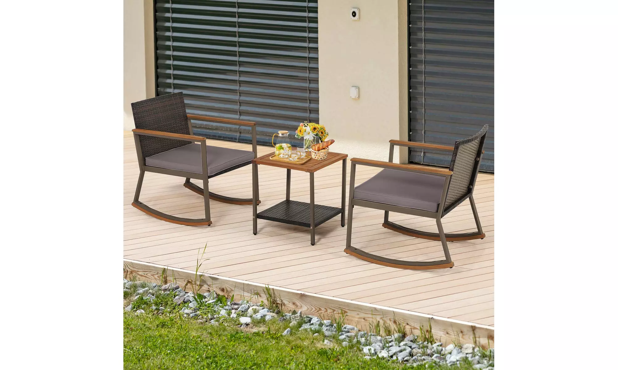 Costway 3 PCS Patio Rattan Rocking Chair Bistro Set Armrest Cushion Table