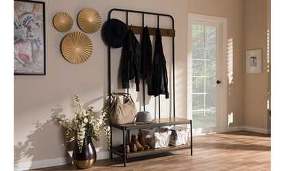 Hull Antique Black Metal and Wood Entryway Hall Tree