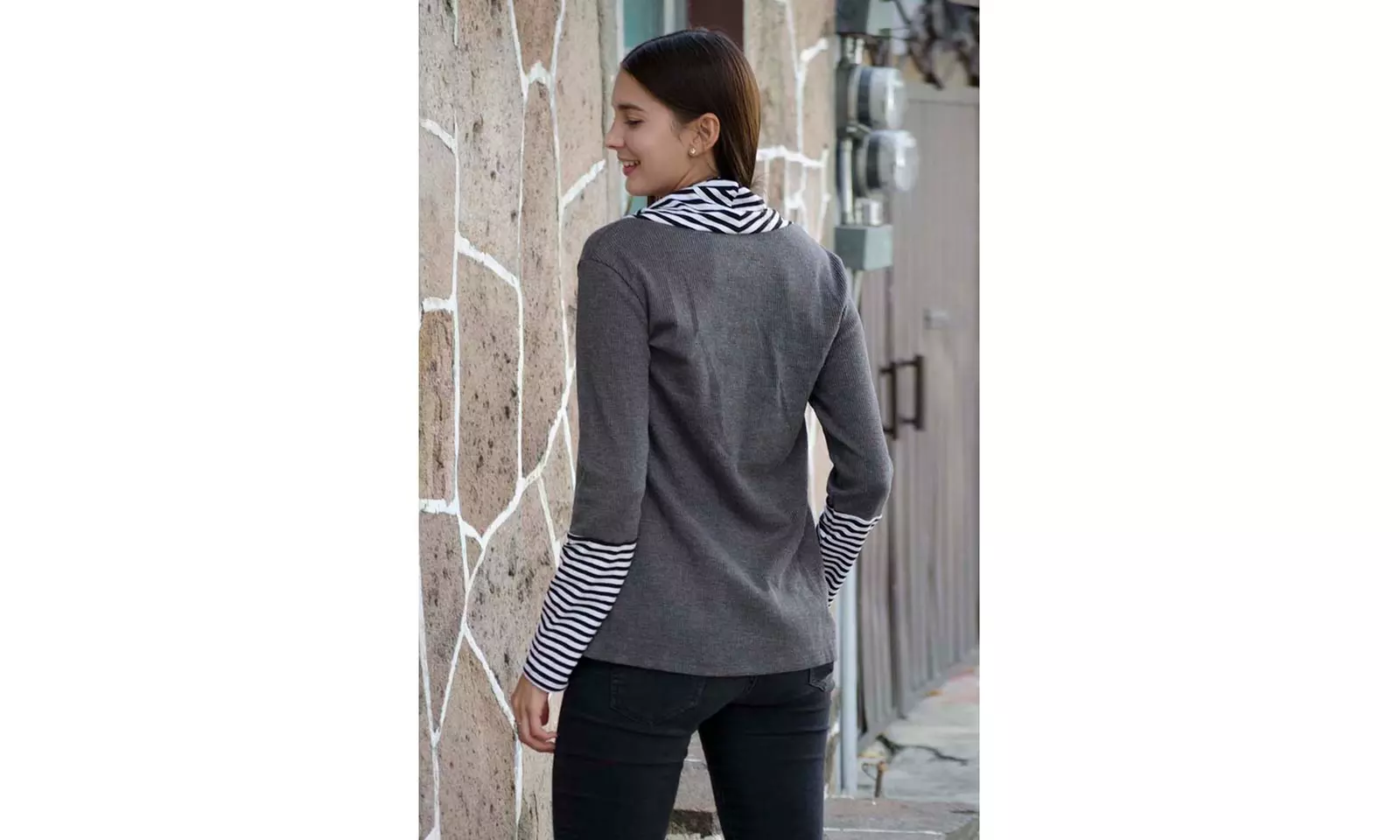 Women's Gray/Black/Red Striped Neck Cuffs Asymmetric Waffle Top - Second Medium