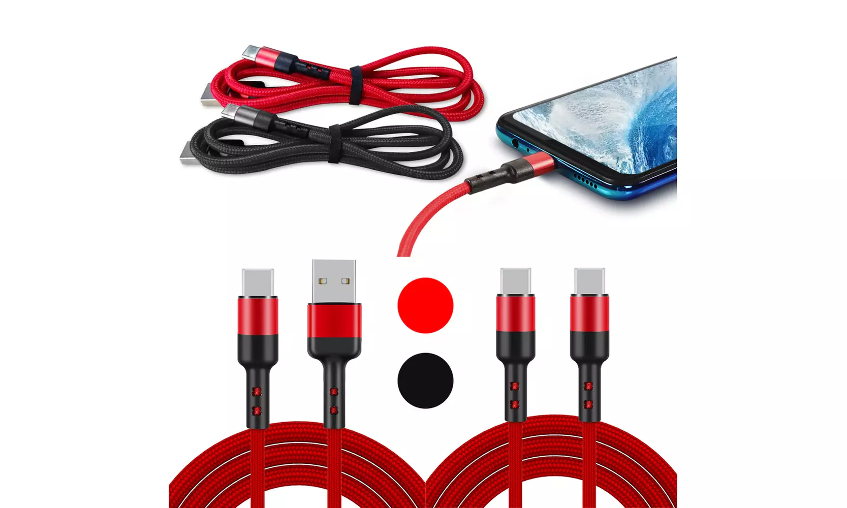 2Pcs Braided 3/6/10Ft USB-C to USBC TypeC Cable Fast Charger For Phone - Primary Image