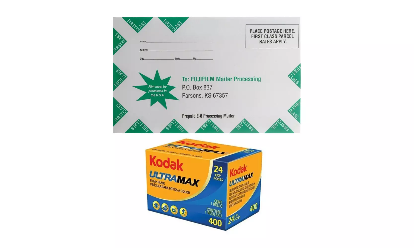 Fujifilm PRE-PAID Processing Mailer for 1 Roll Kodak UltraMax 400 Film (24 Exp) - Primary Image