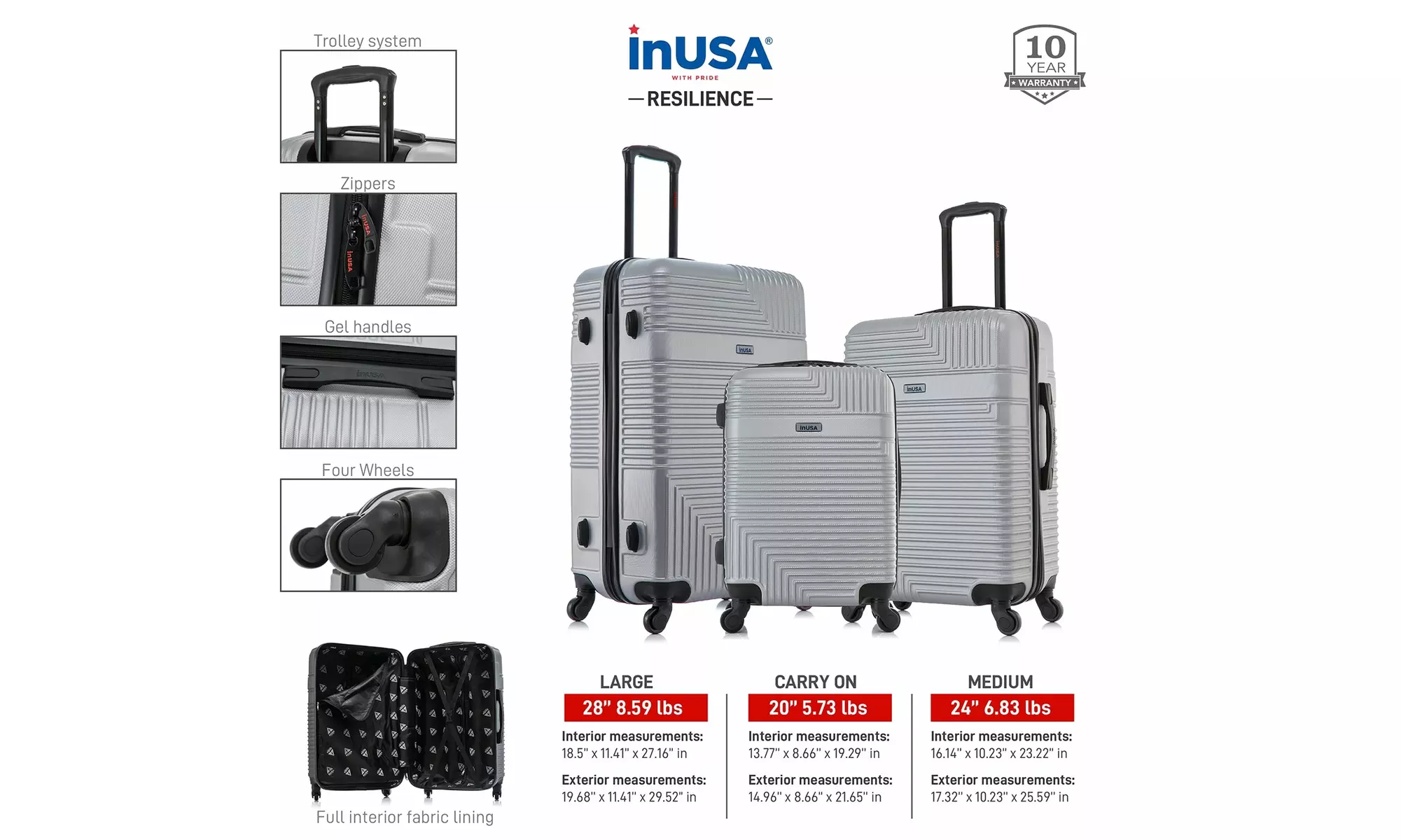InUSA Resilience Lightweight Hardside Spinner 3 Piece Luggage Set 20"/24"/28"