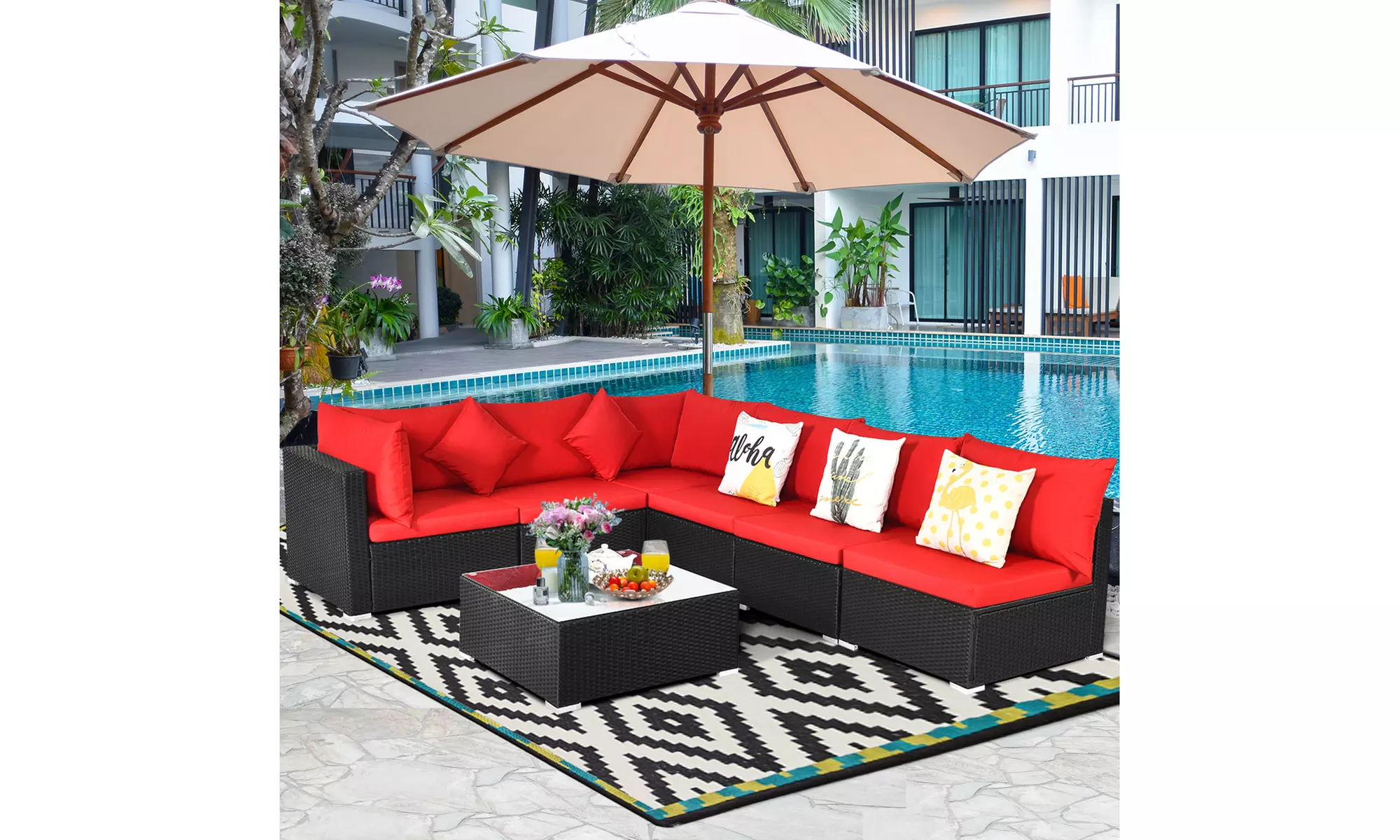 Costway 7PCS Patio Rattan Sofa Set Sectional Conversation Furniture Set Garden