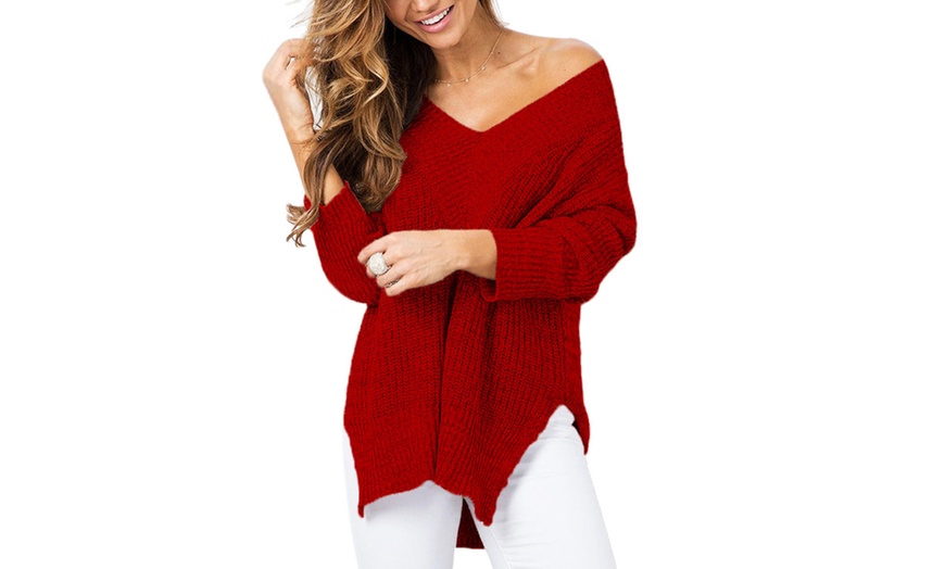 Image 5: Women's V-neck Loose Knit Pullover Sweater Jumper Tops