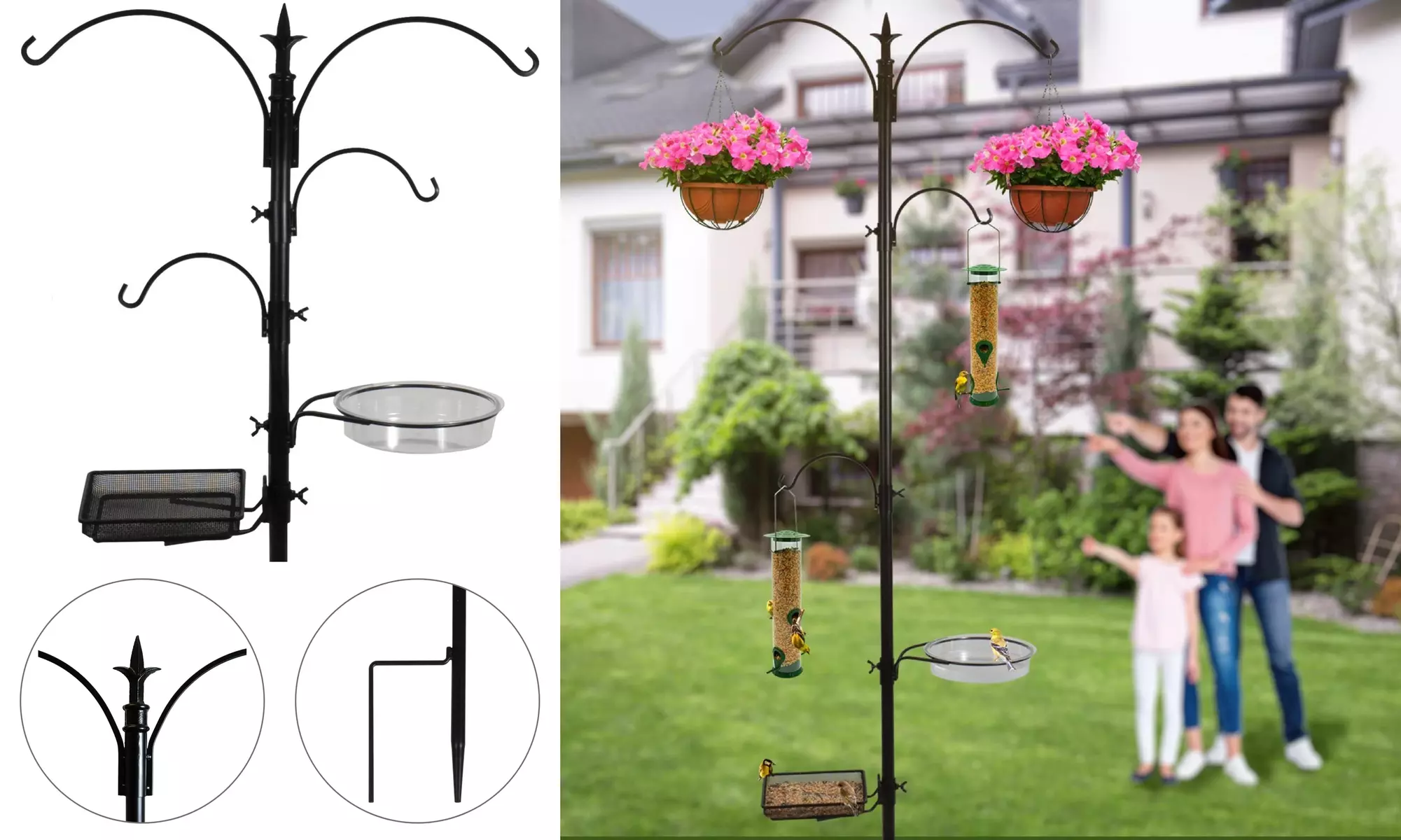 4-Hook Bird Feeding Station - Wild Bird Feeder Stand w/ Mesh Tray & Water Bowl - Primary Image