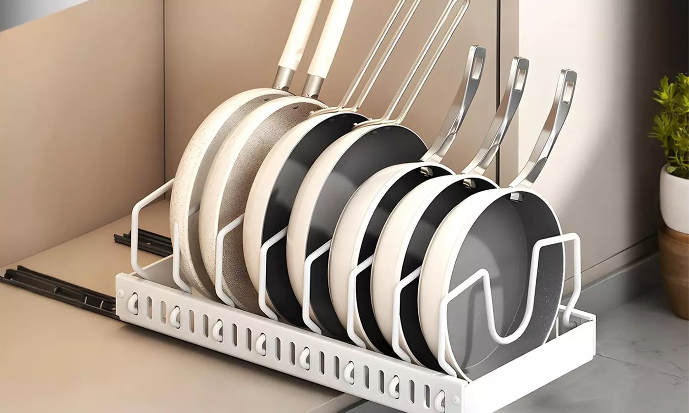 NewHome Pull-Out Pots & Pans Organizer with 8 Adjustable Dividers for Cabinets