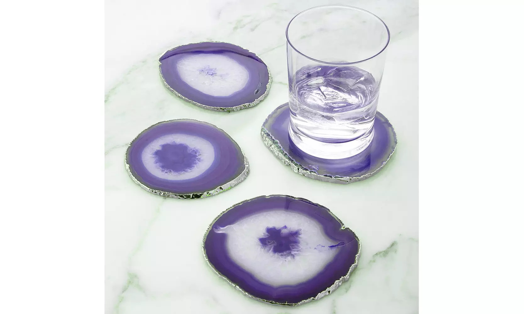 Modern Home Set of 4 Natural Agate Stone Coasters w/ Gold/Silver Edge - Primary Image