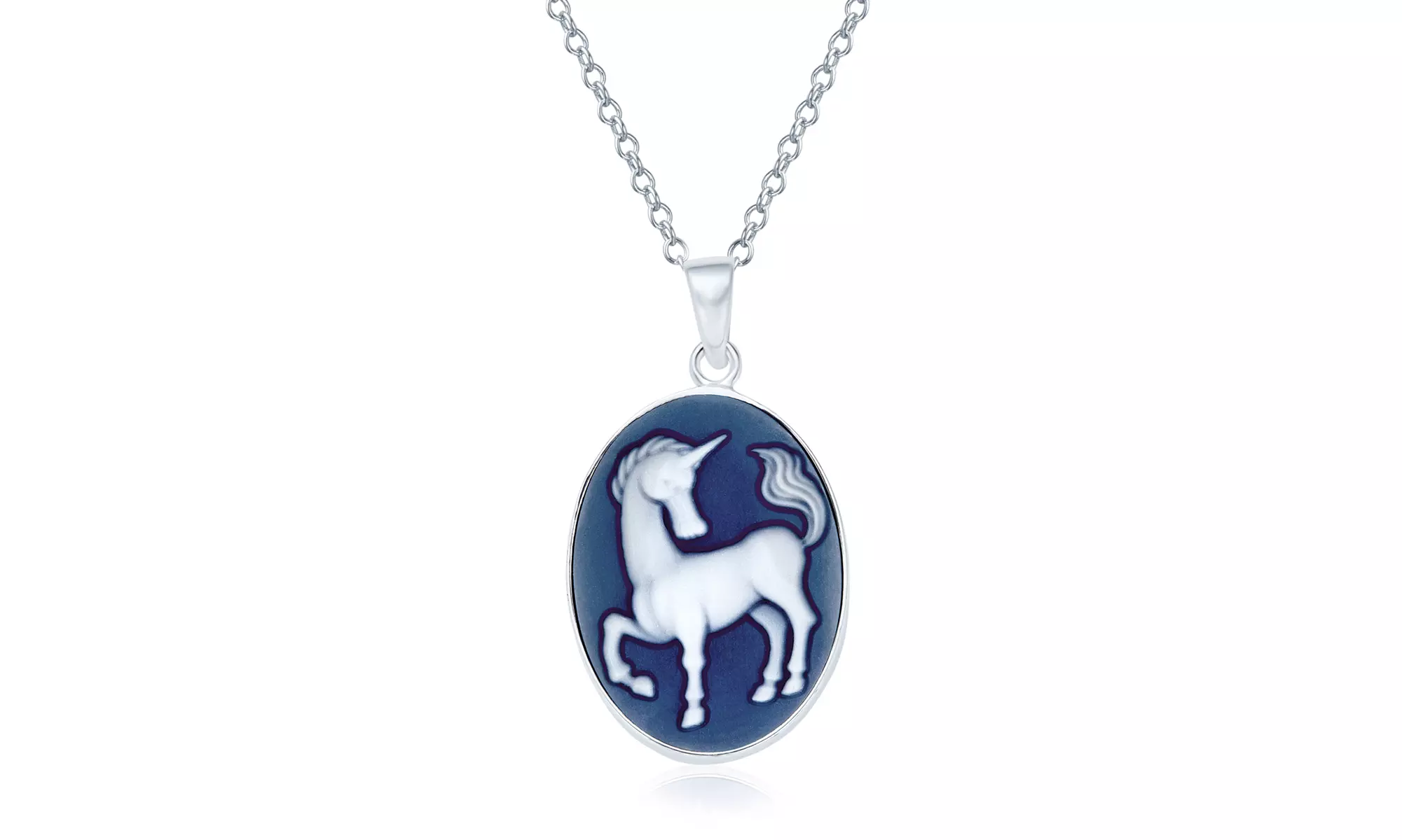 Medallion Pegasus Blue Unicorn Cameo Pendant Necklace Sterling Silver - Primary Image