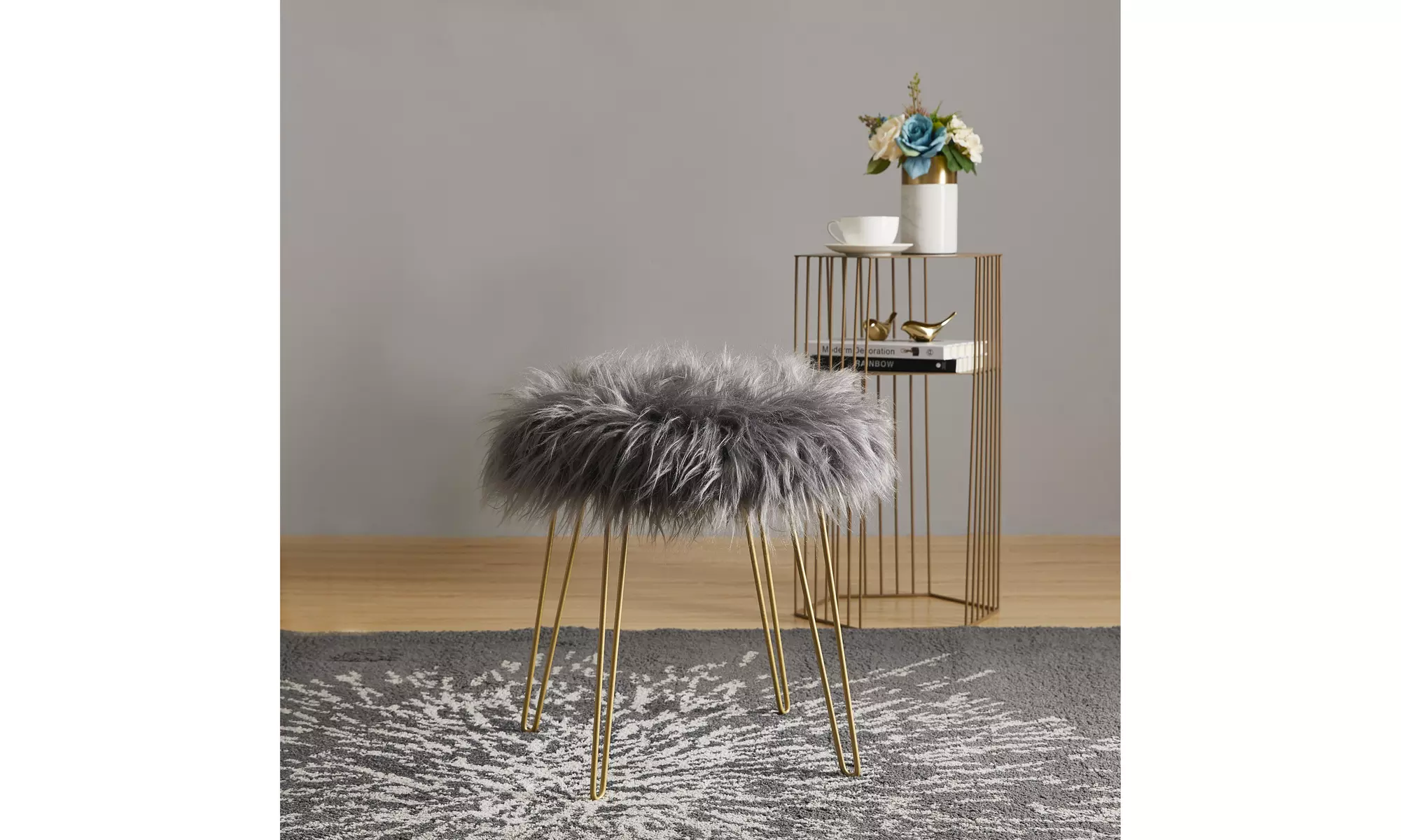Modern Faux Fur Round Ottoman Chair Foot Rest Stool with Gold Metal Legs - Second Medium