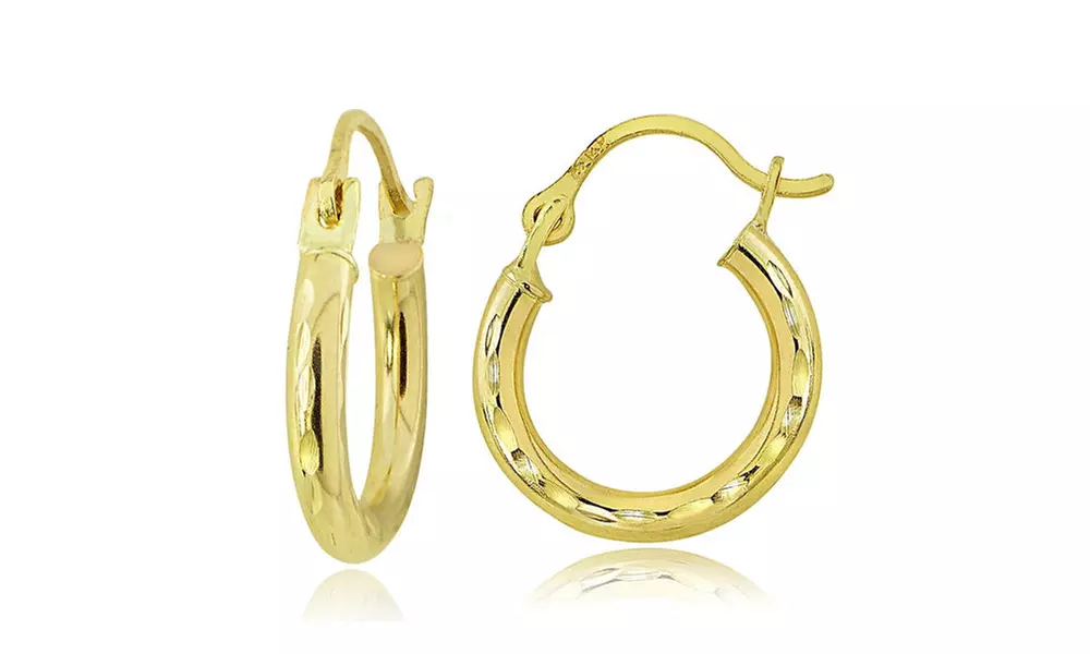 14K Gold 2mm Round Diamond-Cut Hoop Earrings, 12mm