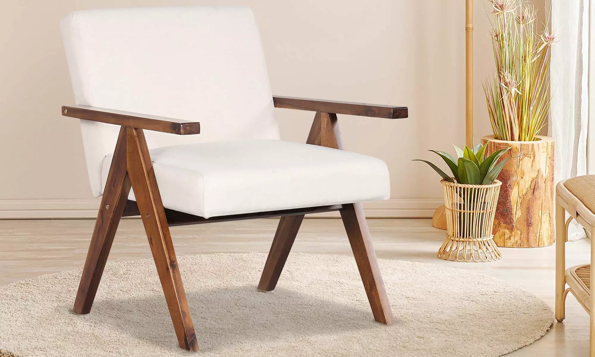 Costway Modern Accent Chair Linen Fabric Armchair with Solid Acacia Wood Frame - Primary Image