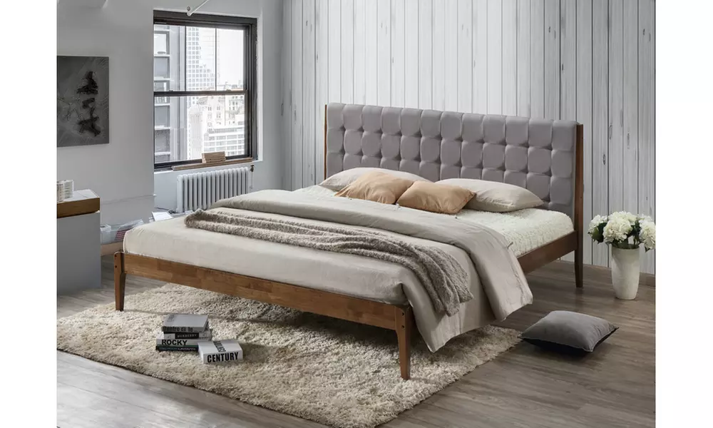 Clifford Fabric and Medium Brown Finish Wood Platform Bed - Primary Image