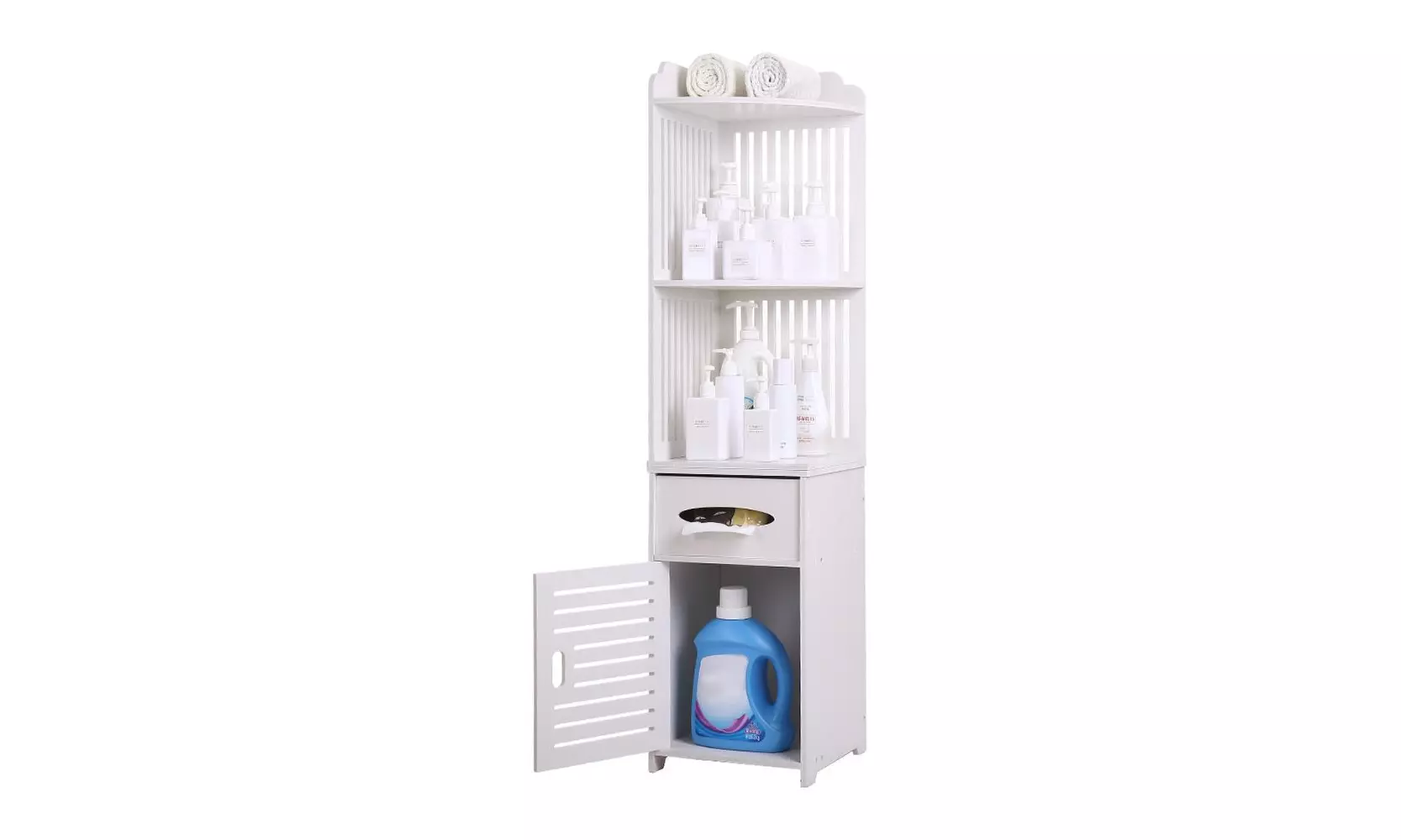 Bathroom Corner Shelf Wooden Floor Storage Cabinet W/ Drawers & Shelves White - Primary Image