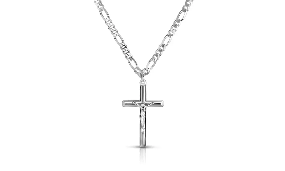 Men's Stainless Steel Crucifix Cross With 24" Figaro Chain