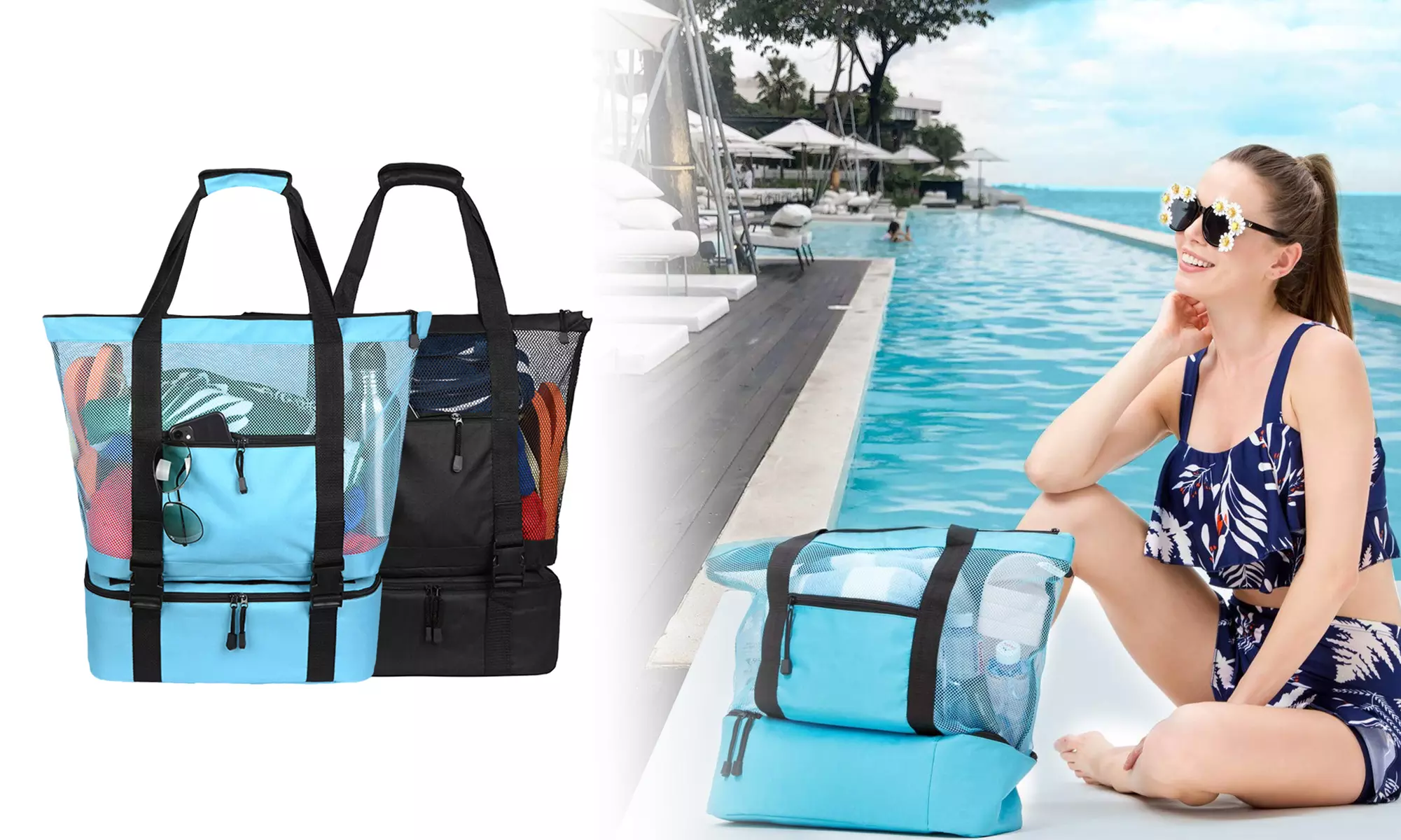 Mesh Beach Bag Breathable with Detachable Zippered Insulated Cooler Compartment - Primary Image