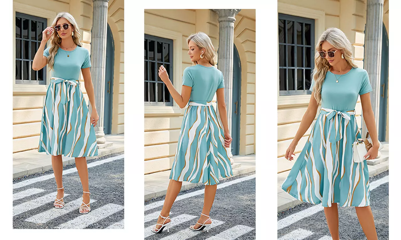Women's Two Tone Belted A Line Dress