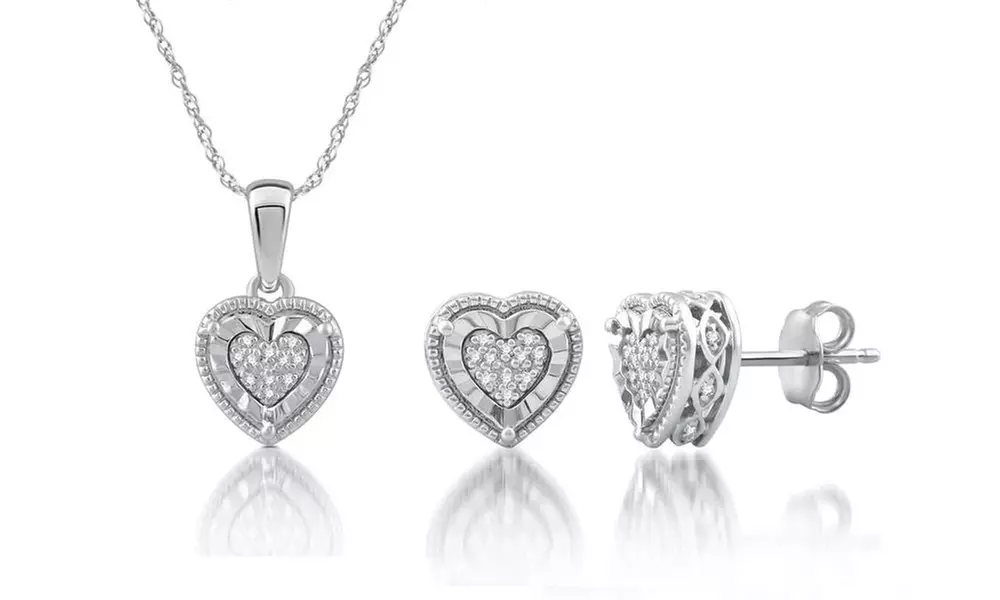 1/6 CTTW Diamond Heart Shaped Pendant Earring Set In Sterling Silver By DeCarat - Primary Image