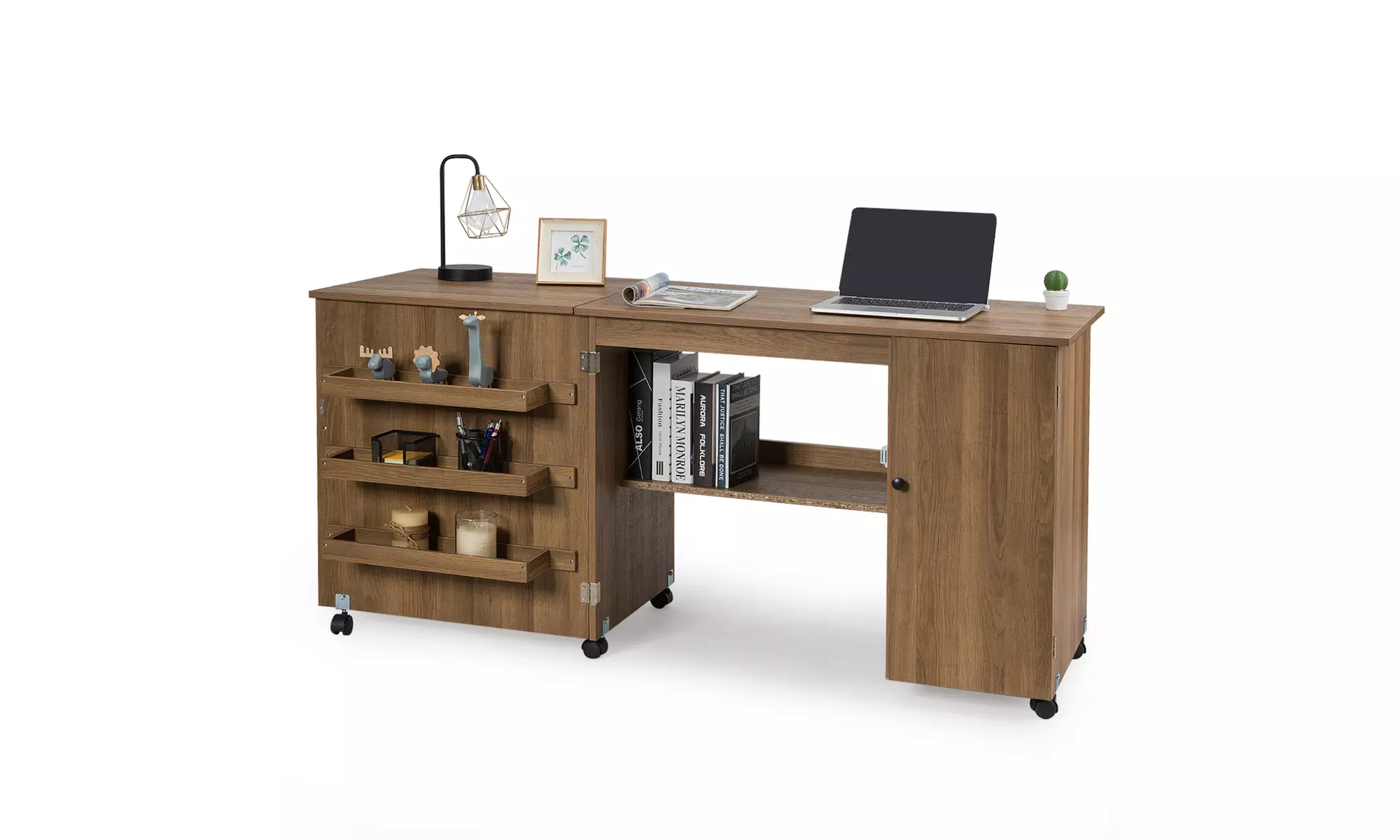 Folding Sewing Table Shelves Storage Cabinet Craft Cart W/Wheels Large - Primary Image