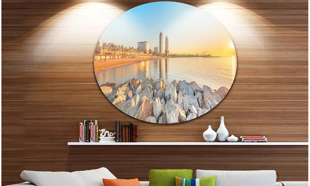 Barceloneta Beach in Barcelona' Seashore Photo Circle Metal Wall Art - Primary Image