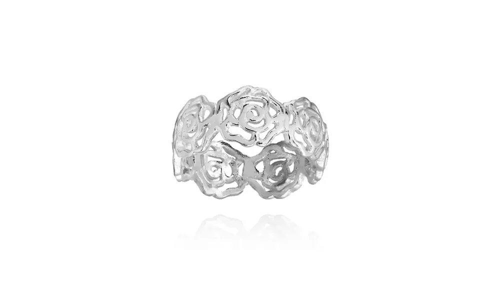 Sterling Silver High Polished Filigree Rose Flower Band Ring, Size 5