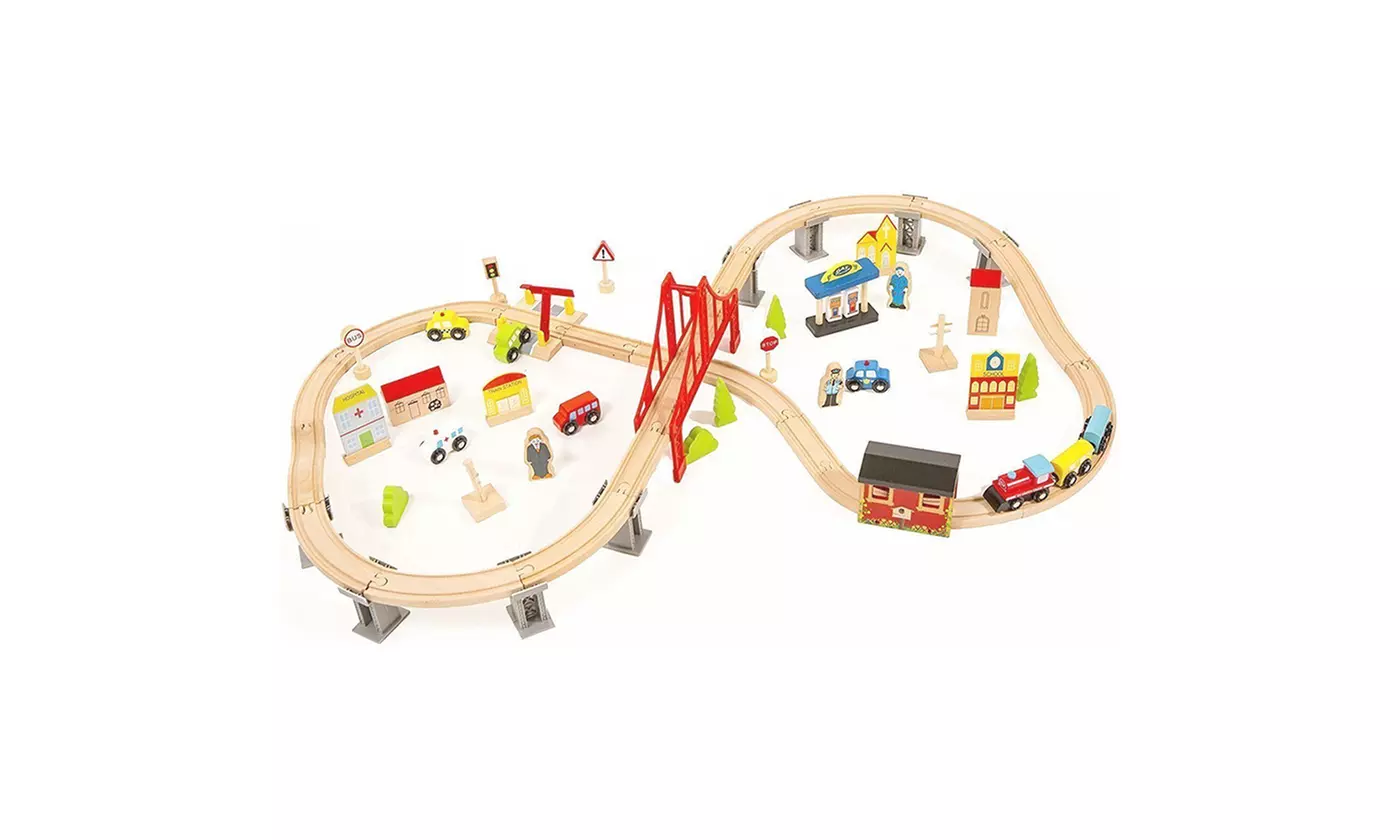 70 Pcs Hand Crafted Wooden Train Set Crossing Railway Track Kids Toy - Second Medium