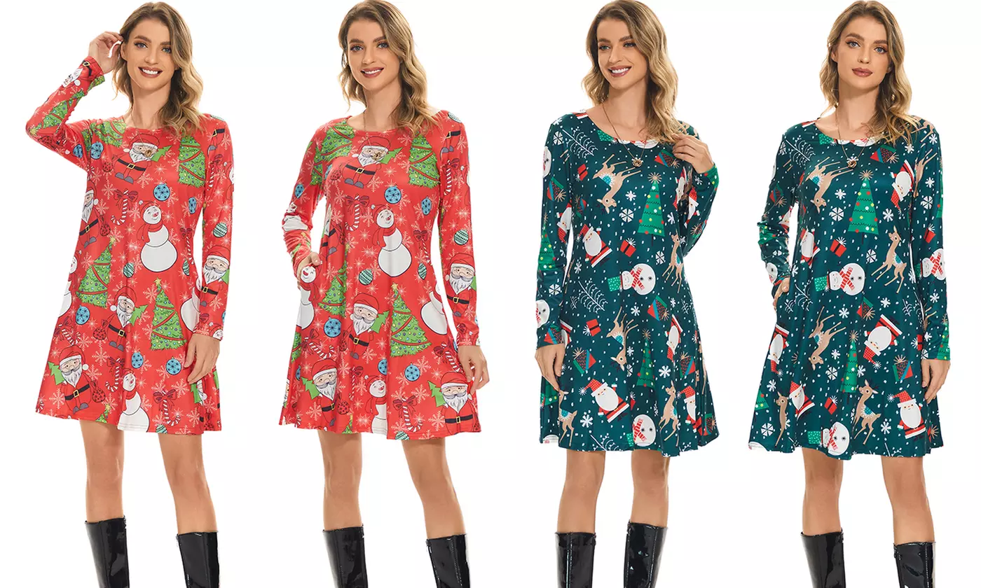 Womens Christmas Tartan Reindeer Santa Gift Bells Print Swing Dress - Primary Image