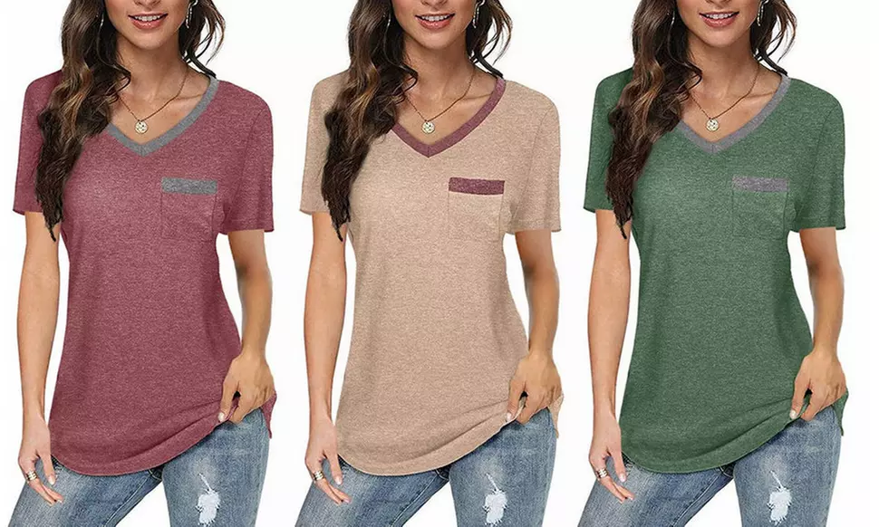 Women's Pocket Summer Tops Short Sleeves V Neck T Shirt Casual Basic Tees - Primary Image