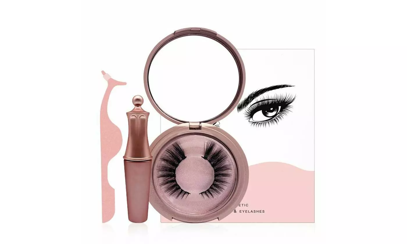Magnetic False Eyelashes Natural Eye Lashes Extension Liquid Eyeliner w Tweezer - Primary Image