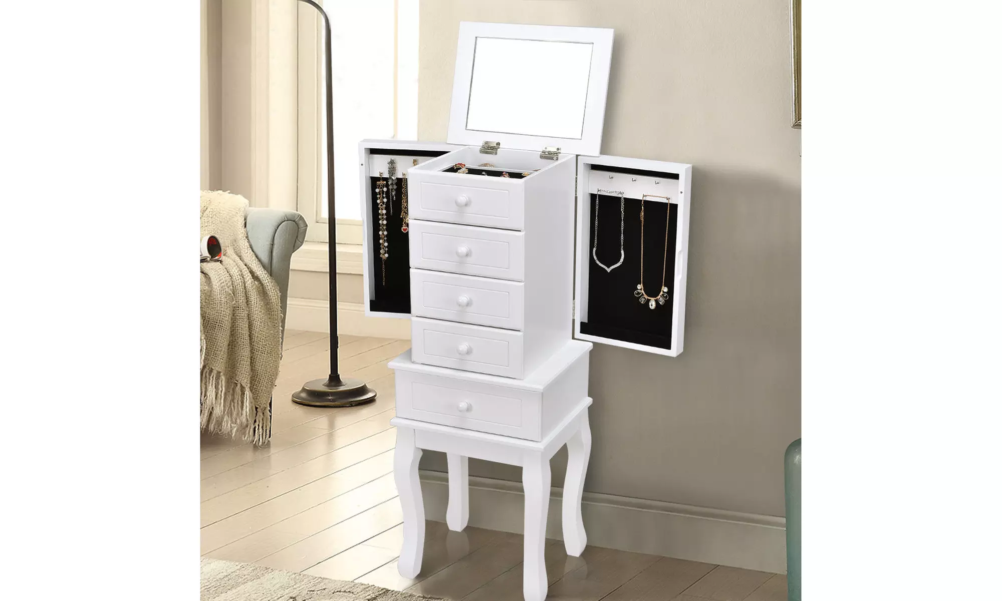 Jewelry Cabinet Armoire Storage Chest Stand Organizer Wood Free Stand Christmas - Primary Image