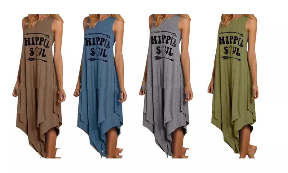 Women Comfy Dress Double Layer Asymmetry Hem Maxi Dress - Primary Image