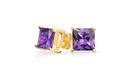 Paris Jewelry Yellow Gold Plated Silver 7mm Princess Amethyst CZ Stud Earrings 7 MM Purple Amethyst Princess Amethyst