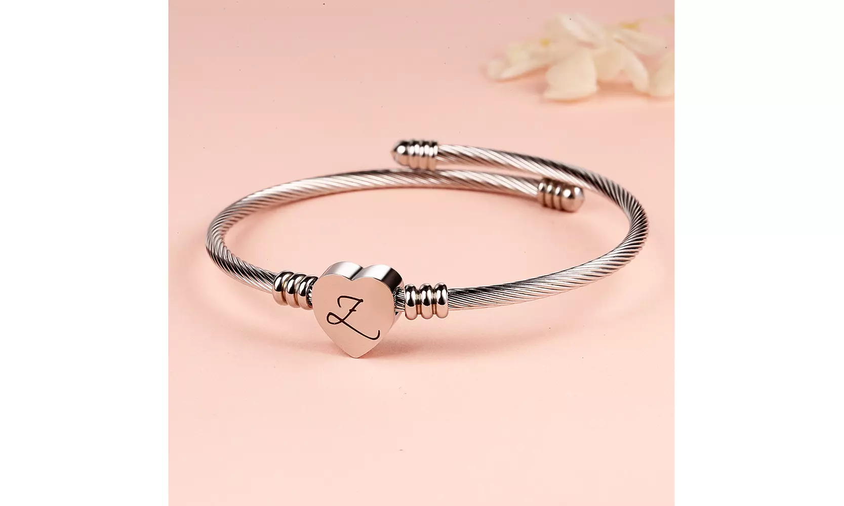 Twisted Steel Heart Cable Initial Bracelet