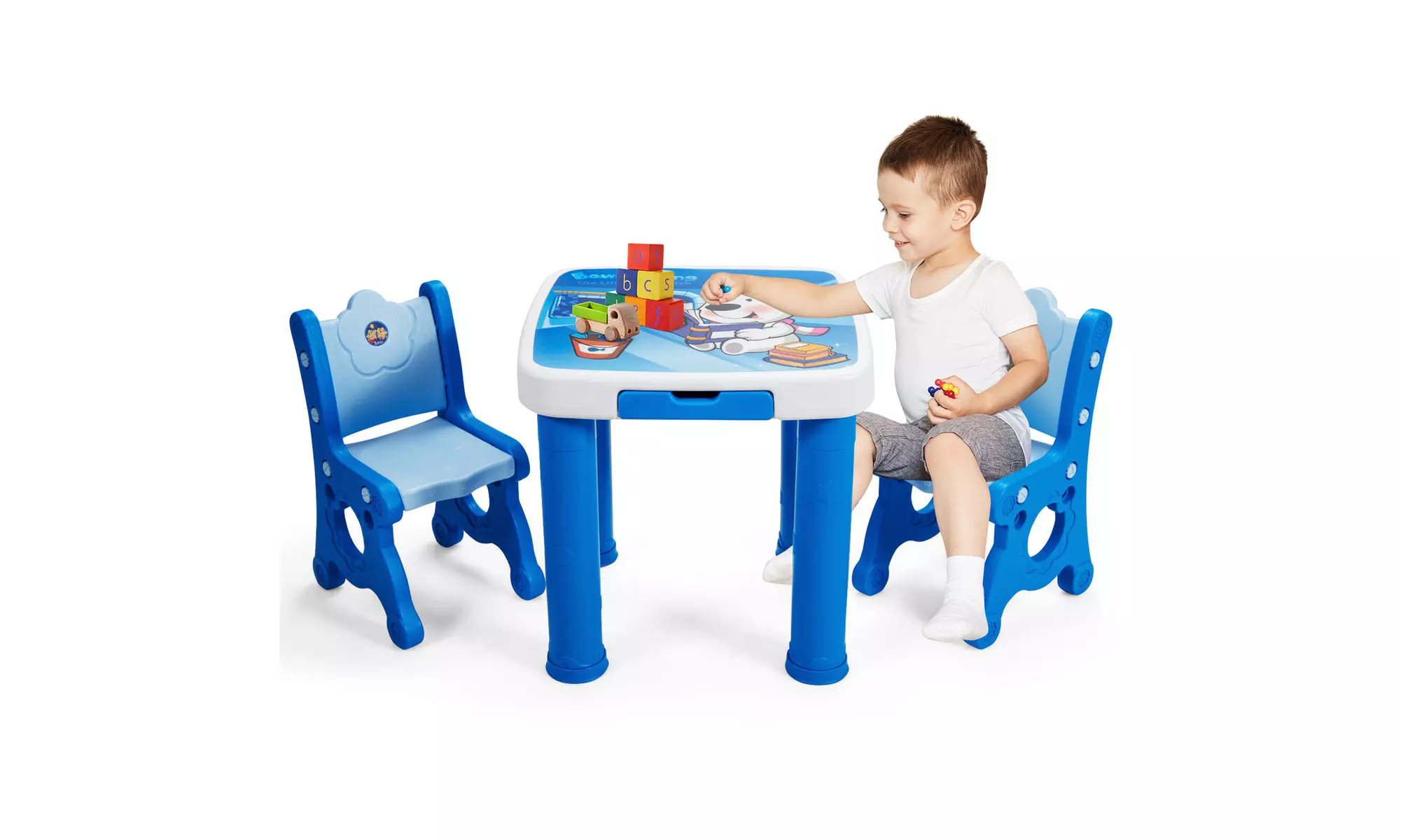 Costway Kids Table & 2 Chairs Set Adjustable Activity Play Desk w/ Drawer Blue   - Primary Image