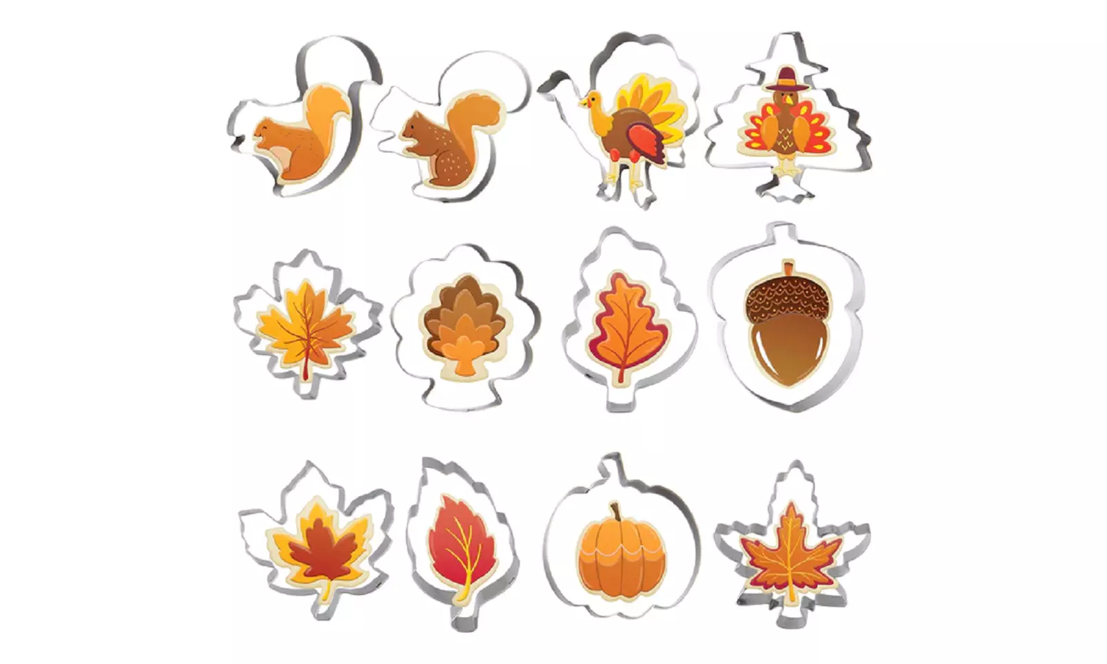 Thanksgiving Turkey Squirrel Pumpkins Acorns Leaves Cookie Cutter Set, 12 Pcs - Primary Image