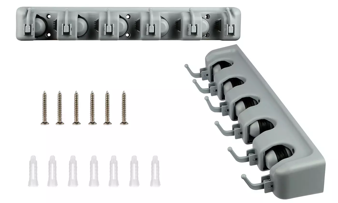 iMounTEK Wall Mount Mop Broom Holder with 5 Slots and 6 Utility Hooks