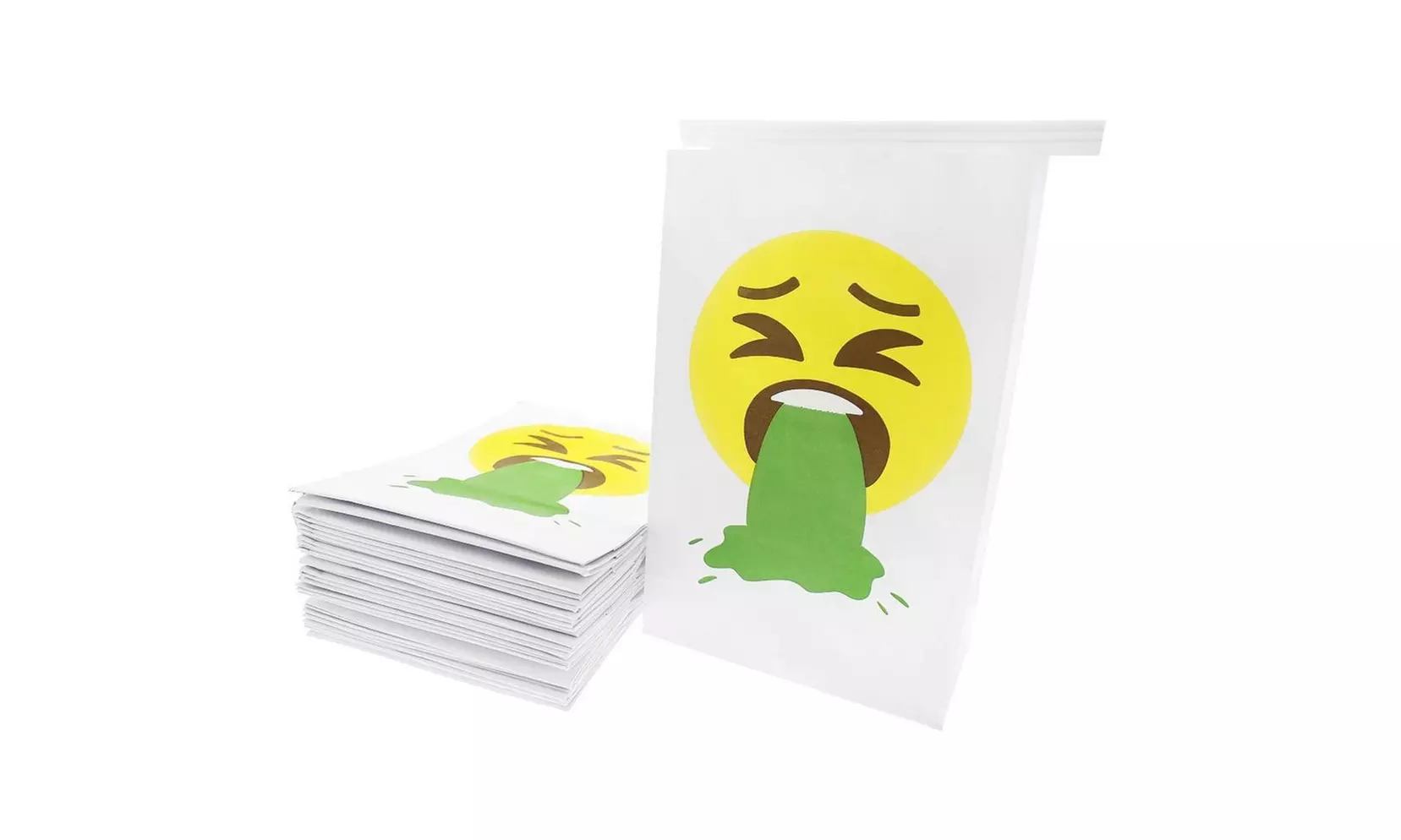 50 Pack Barf Bags White Emesis Hangovers Motion Sickness Vomiting Emoji Bag - Primary Image