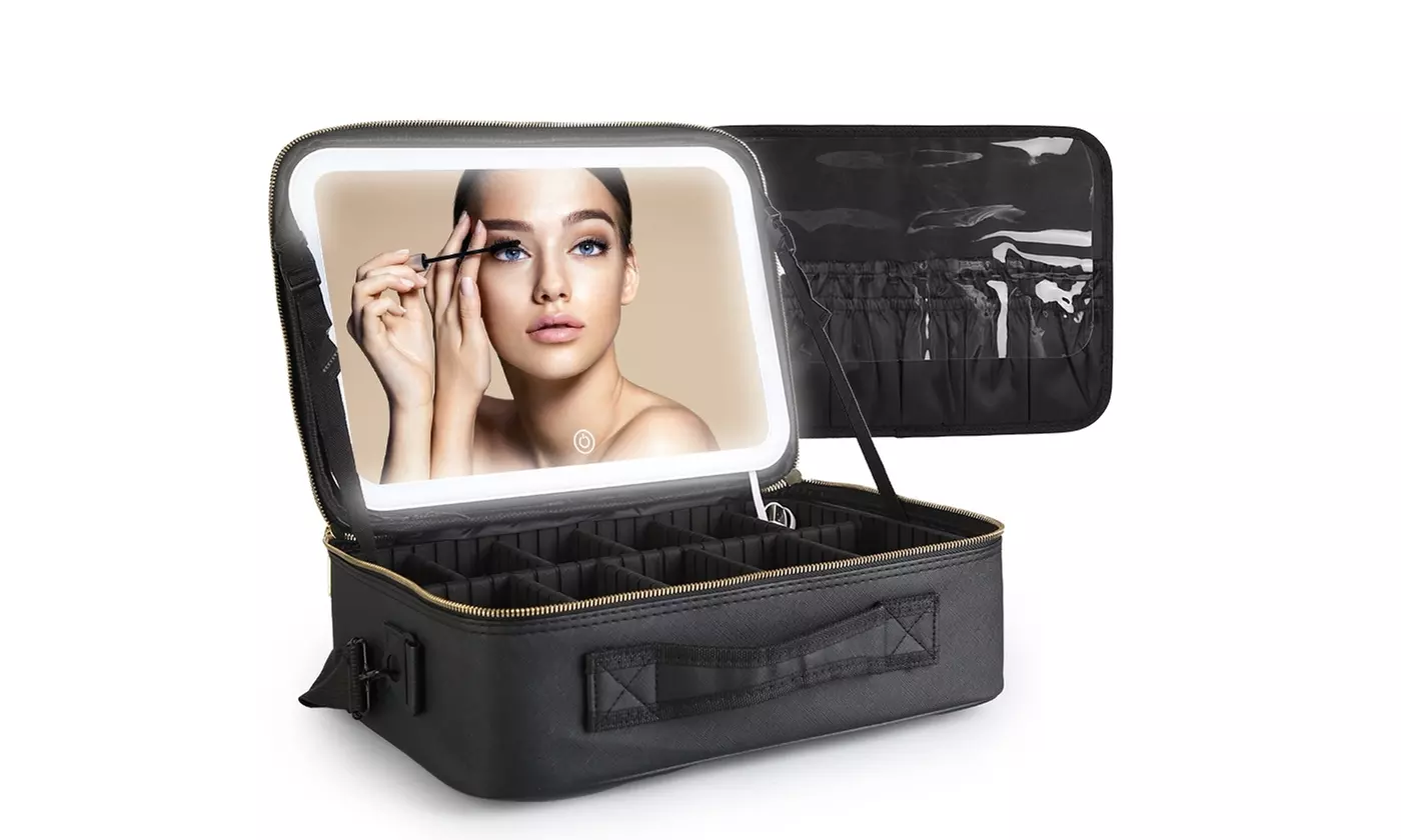 N'POLAR Travel Makeup Bag with Adjustable Dividers, LED Mirror and Brush Holder