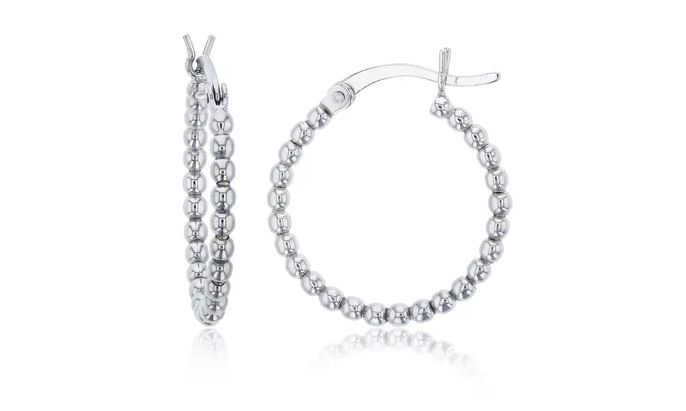 Beaded Hoop Earrings in Sterling Silver Rhodium by Decadence - Primary Image
