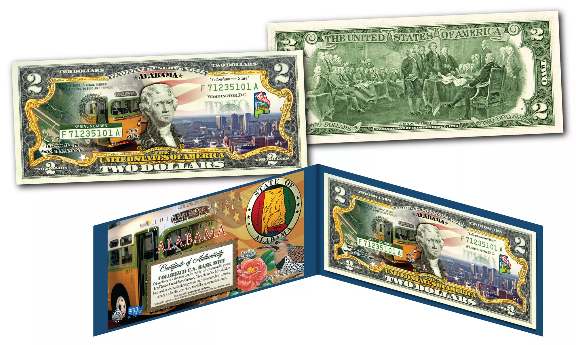 Official Genuine Legal Tender U.S. 2 Dollar Bills Honoring America's 50 States 