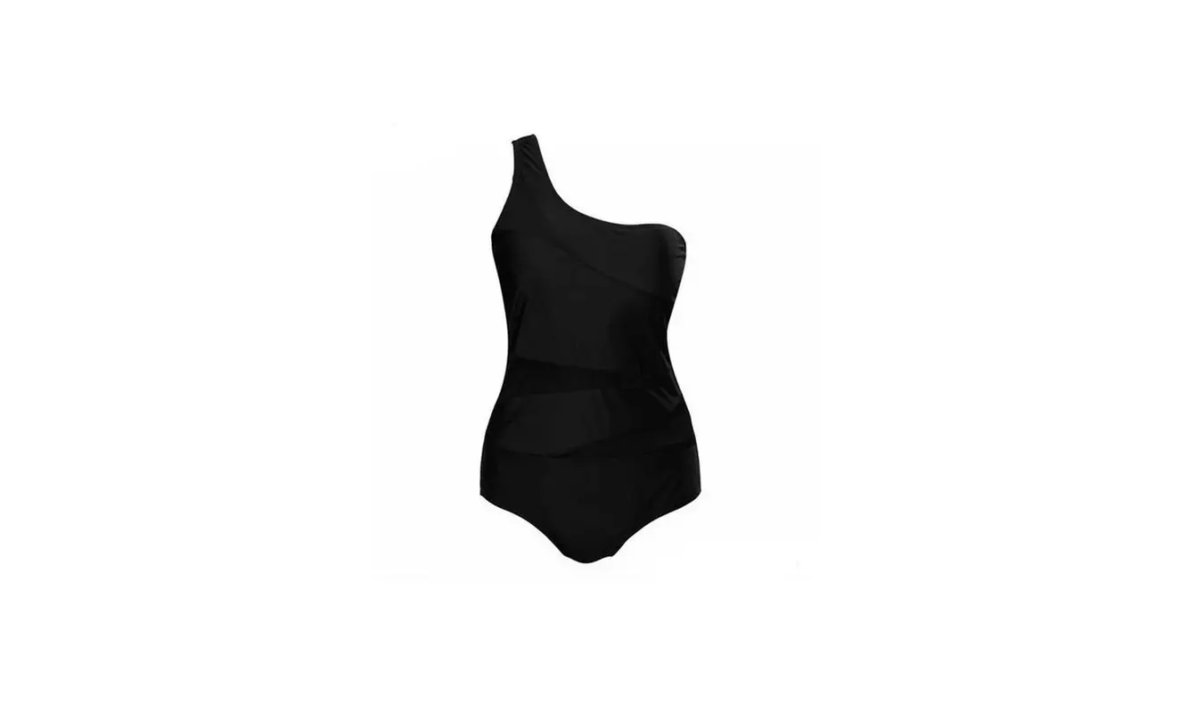 Plus Size One Shoulder Mesh Swim Suit - Primary Image