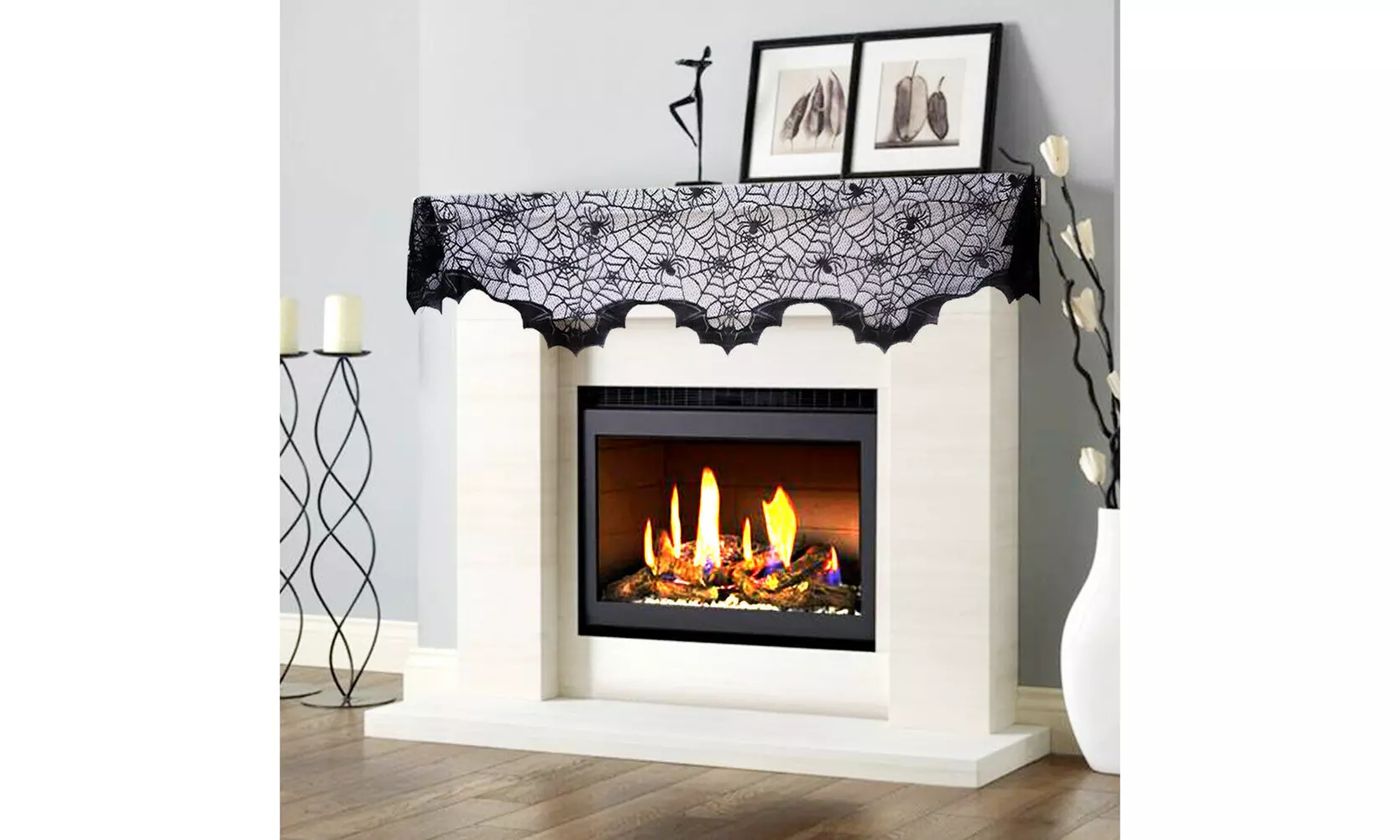 Black Lace Bats Fireplace Mantel Scarf Cover Halloween Haunted House Party - Primary Image